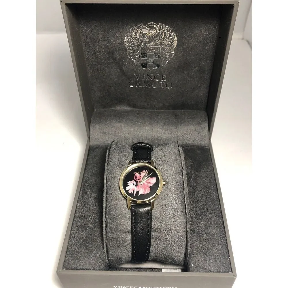 Vince Camuto VC5352 Unisex Black Leather Analog Black Dial Quartz Watch BW114